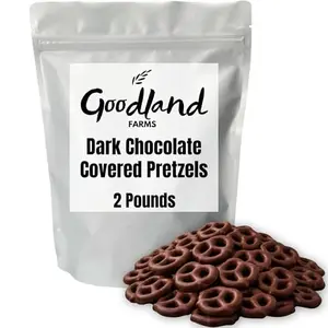 Goodland Farms Dark Chocolate Covered Pretzels in resealable stand-up pouch
