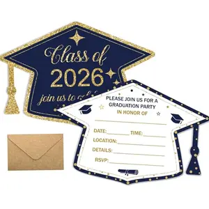 RTMISA cap-shaped graduation invitations in navy and gold