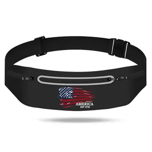 American flag slim running waist pack with reflective strips and three zippered pockets