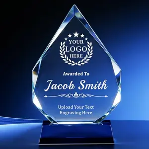 3D laser engraved crystal trophy on wooden base, customizable with logo and text