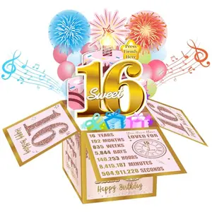 Pink gold 3D pop-up birthday card with fireworks, music, and blowable candle