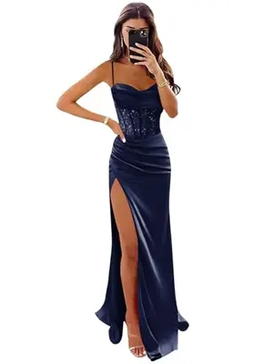 Navy blue satin mermaid dress with cowl neck and slit