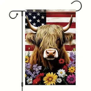 Saoplasa highland cow garden flag with American flag background and colorful wildflowers