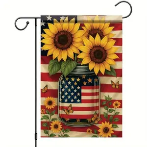 Saoplasa garden flag with sunflowers in a mason jar and American flag motif, with butterflies, displayed in a garden bed