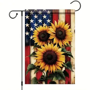 Saoplasa rustic wood American sunflowers garden flag with three sunflowers and a weathered wood background, in a yard setting