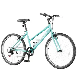 Green OUTROAD cruiser bike with front suspension and 26-inch wheels on a trail
