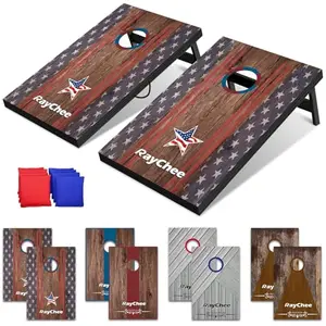 REAHOISY cornhole set with American flag star design and built-in scorekeeper on a lawn