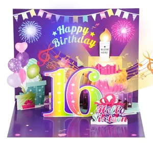 3D pop-up cake purple card that plays music and has a blowable candle feature