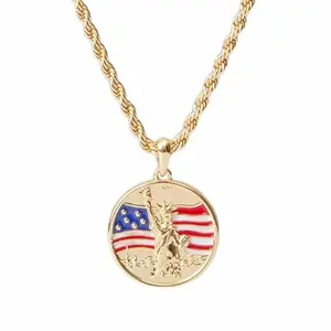 Gold-plated USA 250th anniversary necklace with an eagle and flag pendant on a white background.