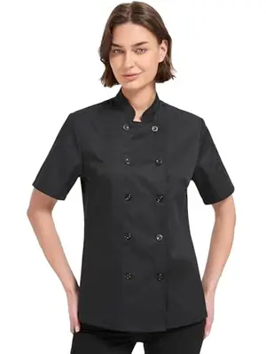 Black short-sleeve women's chef coat with stand collar and double-breasted design