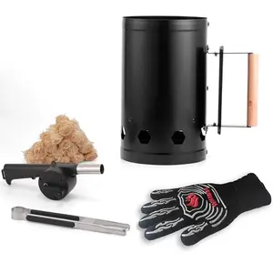 WILLBBQ chimney starter kit with glove, fan, and fire starters on a table