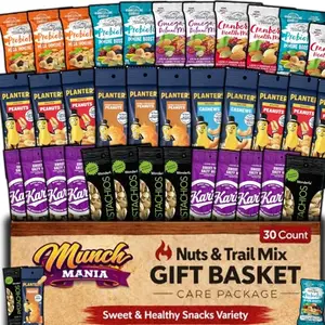30-count gift basket of individually wrapped trail mix and nut snack packs
