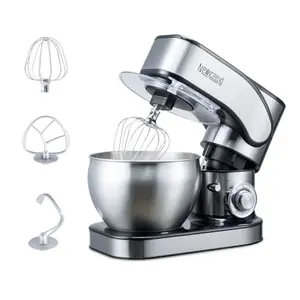 Silver Newiceaid stand mixer with 7.4 QT stainless steel bowl and dough hook