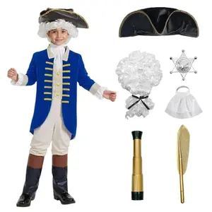 Child in George Washington costume with wig, hat, and holding telescope and quill