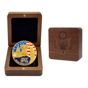 Commemorative coin with US flag and eagle set in a walnut display box