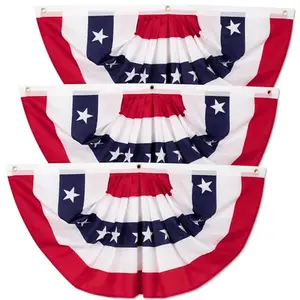 Small red white and blue fan flags decorating a modest front porch