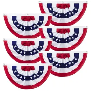 Six basic red white and blue bunting flags on a wooden porch railing