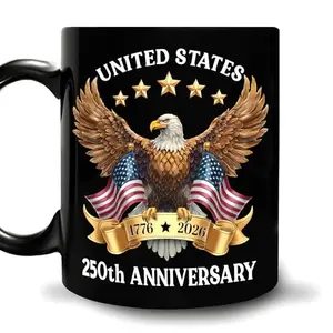 Hyturtle black ceramic coffee mug with eagle and American flag 250th anniversary design