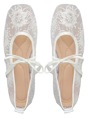 GORGLITTER women's white mesh ballet flats with bow