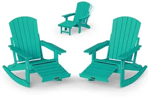 Two lake blue rocking Adirondack chairs with ottomans on a porch facing the water