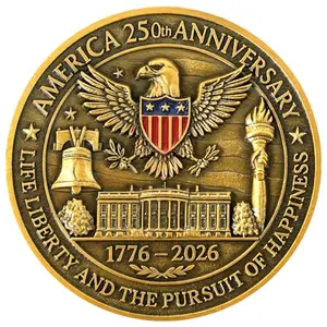 America 250th anniversary challenge coin with golden eagle, flag, and Liberty Bell