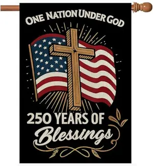 AIBOLYNE 28x40 inch burlap house flag featuring patriotic cross and One Nation Under God message, displayed on a pole
