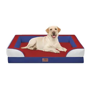 Large American flag patterned orthopedic dog bed with bolster sides on a white background