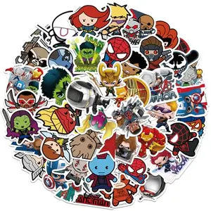 Superhero stickers on a skateboard and phone