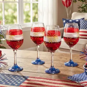 Set of 4 SiliFine stemmed wine glasses with hand-painted American flag and fireworks design