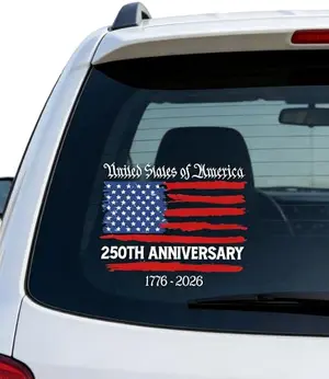Two 250th anniversary patriotic vinyl stickers with American flag and commemorative text
