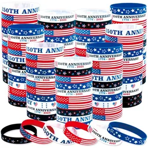 Assortment of 100 red, white, and blue silicone rubber wristbands with stars and stripes