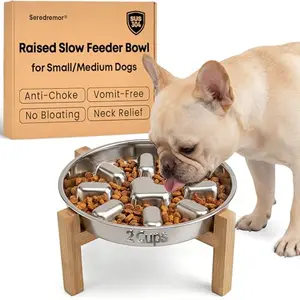 Seredremor elevated slow feeder with bamboo stand and stainless steel bowl