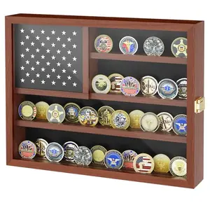 Wooden challenge coin display case with American flag design and hidden storage compartment