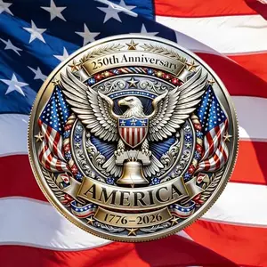 Colorful Army 250th anniversary coin with Liberty Bell and flag design on a wooden surface