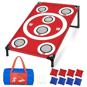 NZQXJXZ multi-hole fabric cornhole board with bean bags on grass, red frame