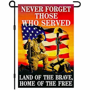 IVN Never Forget Those Who Served garden flag featuring kneeling soldier silhouette and battlefield cross