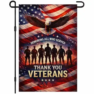 IVN Honoring All Who Served garden flag with eagle and soldier silhouettes