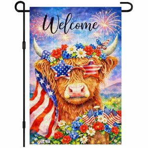 IVN highland cow garden flag with fireworks and burlap texture for Independence Day