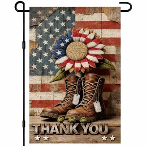 IVN Sunflower Boots Garden Flag with vintage American flag backdrop