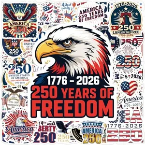 MEGLORT 56 pcs patriotic 250th anniversary stickers USA with Statue of Liberty and bald eagle designs