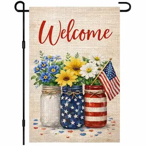 IVN 4th of July burlap garden flag featuring sunflowers and daisies in mason jars with welcome text