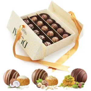 Box of Dubai-style truffles with pistachio, hazelnut, and coconut