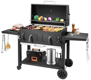 Kendane Extra Large Charcoal Grill, black, with foldable side tables and dual adjustable charcoal trays