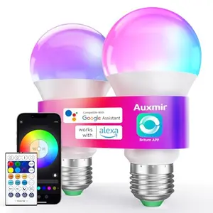 Auxmir bulbs with remote control displaying patriotic colors in a living room