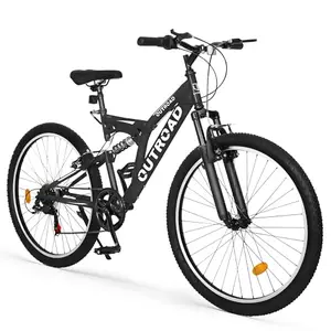 Max4out black dual suspension mountain bike on a forest trail