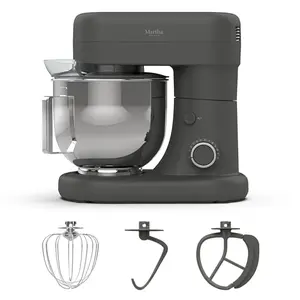 Martha Stewart stand mixer in caviar gray with stainless steel bowl and splash guard