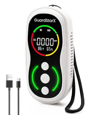 White portable carbon monoxide detector with magnetic back and ring light