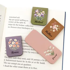 Personalized leather magnetic bookmark with floral design and custom name
