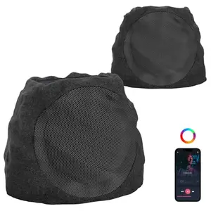 JMJEAN solar rock speaker nestled among garden plants