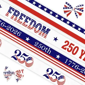 Four rolls of narrow grosgrain ribbon with 250, 1776-2026, stars, and stripes prints